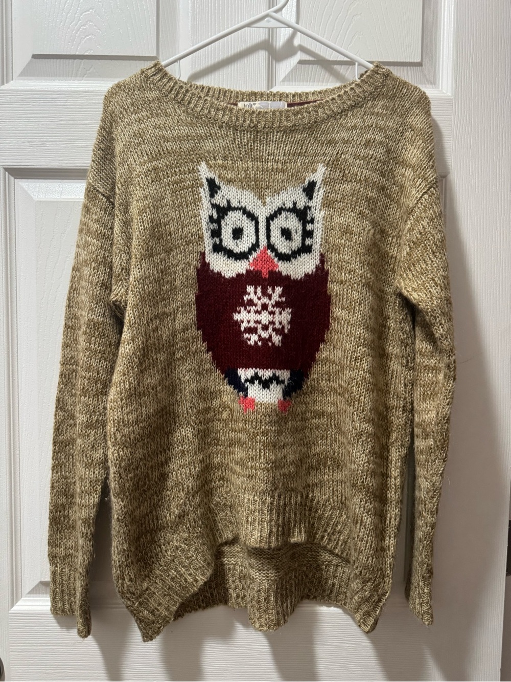 Jolt Tan Knit Sweater with Burgundy Owl Graphic